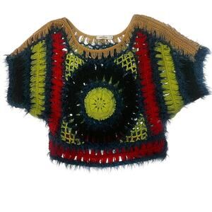 Grifflin Paris Y2K Boho Granny Crochet Sweater Fuzzy Patchwork Knit | Small